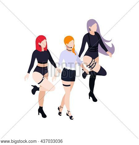 Pop Music Band Isometric Icon With Three Girls On Stage Vector Illustration