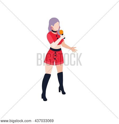 Isometric Icon With Female Pop Singer Wearing Red Clothes And Black Boots 3d Vector Illustration
