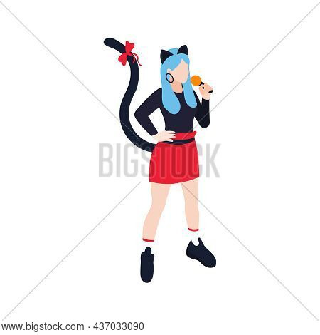 Girl Kpop Singer With Microphone Wearing Costume With Cat Tail And Ears On White Background Isometri