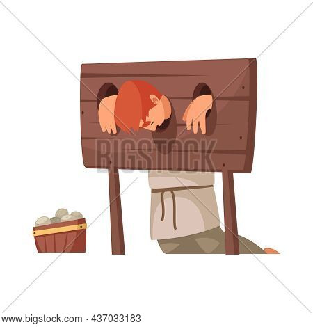 Medieval People Cartoon Icon With Man In Wooden Stocks Vector Illustration