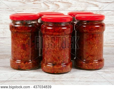 Jars Of Zacusca, A Popular Romanian Appetizer.