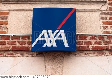 Honfleur, France - August 8, 2021: Axa Insurance And Bank Sign And Logo