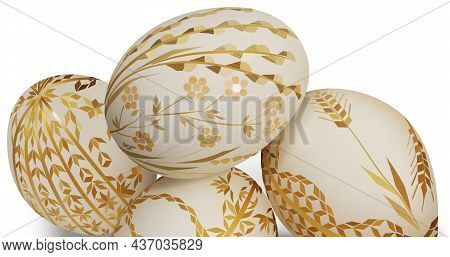 White Easter Eggs With Ornamental Pattern On White Background - Detailed Illustration, Vector