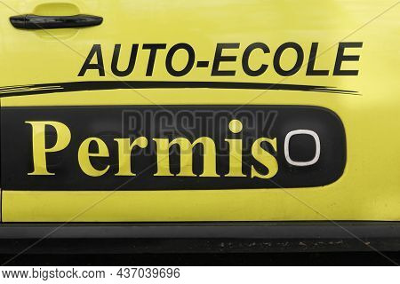 Lyon, France - April 9, 2019: Driving School, Licence On A Car Called Auto-ecole, Permis In French L