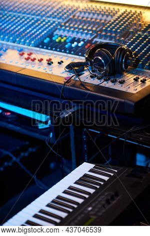 Close-up Of Headphones On Music Studio Keyborad In The Recording Studio