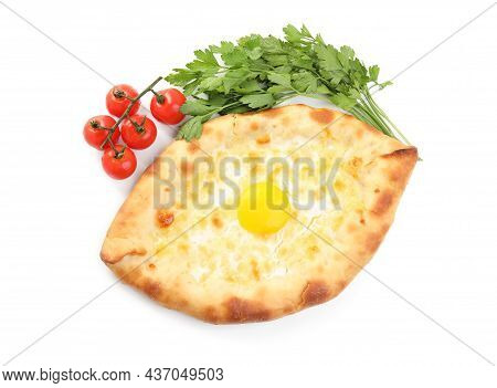 Fresh Delicious Adjarian Khachapuri, Parsley And Tomatoes On White Background, Top View