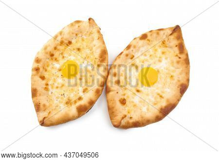 Fresh Delicious Adjarian Khachapuris On White Background, Top View