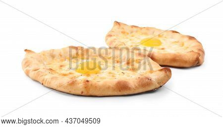 Fresh Delicious Adjarian Khachapuris On White Background