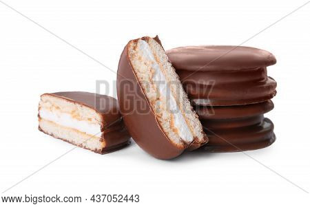 Delicious Choco Pies On White Background. Classic Snack Cakes