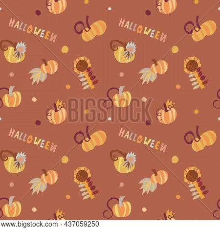 Seamless Vector Pattern In Autumn Colors With Halloween Elements Such As Pumpkins And Text Halloween
