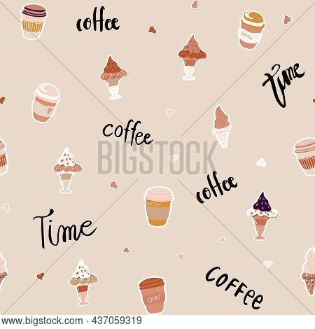 Seamless Vector Pattern In Boho Colors With Coffee Time Elements Such As Coffee Cups, Ice Cream, Let