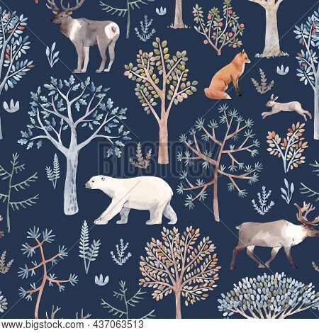 Beautiful Vector Winter Seamless Pattern With Hand Drawn Watercolor Cute Trees And Forest Bear Fox D