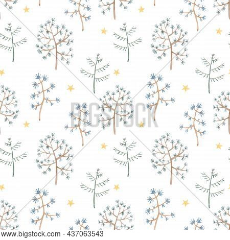 Beautiful Vector Winter Seamless Pattern With Hand Drawn Watercolor Cute Trees. Stock Illustration.