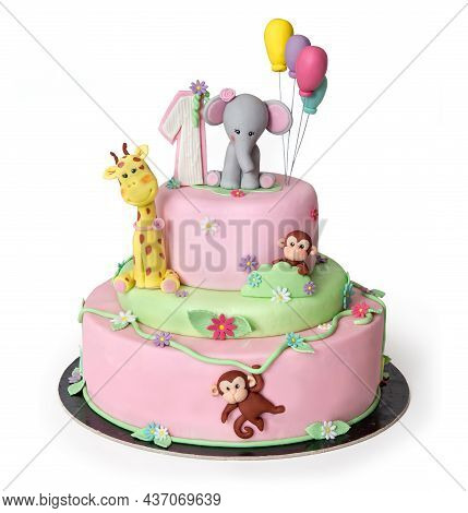 Beautiful Pink Birthday Cake Isolated On White Background - Decorated With Fondant With Jungle Anima