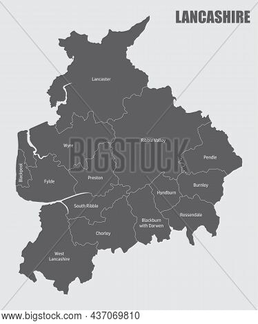 Lancashire County Isolated Map Divided In Districts With Labels, England