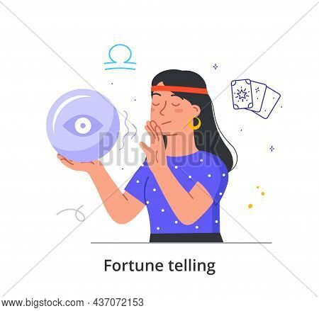Female Fortune Teller Concept. Woman With Crystal Ball In Her Hands Predicts Future. Clairvoyant Tel