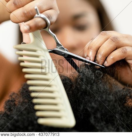 Hairstylist trimming the customerhair at a beauty salon