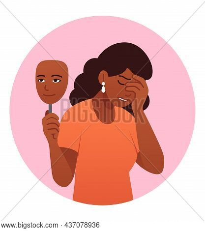 Tired Unhappy Woman Behind Smiling Mask. Character Hides Real Emotions And Feelings From People. Gir