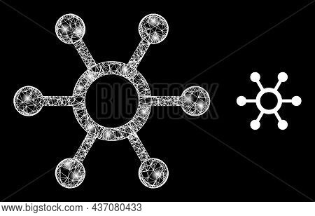 Shiny Mesh Central Links With Light Spots. Wire Frame 2d Mesh Generated With Crossing White Lines An