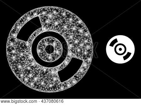 Glossy Hatched Cd Disc With Light Spots. Linear Frame 2d Mesh Generated With Intersected White Lines