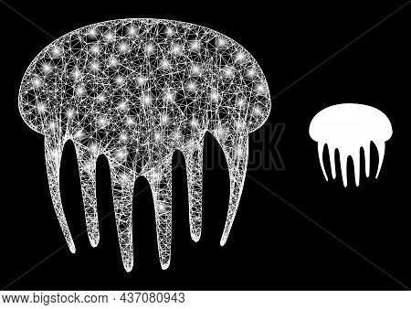 Glowing Mesh Jelly Fish With Lightspots. Wire Frame 2d Mesh Generated With Crossing White Lines And 