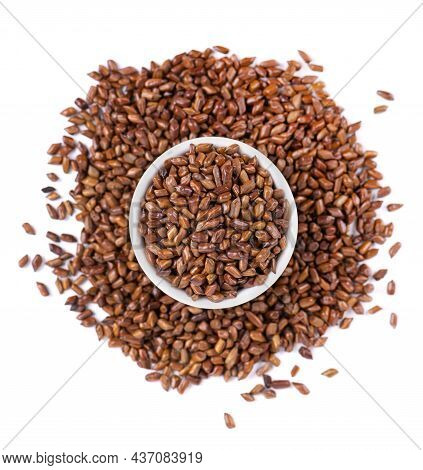 Cassia Tora Beans In Ceramic Bowl, Isolated On White Background. Sicklepod Or Senna Obtusifolia. Cli