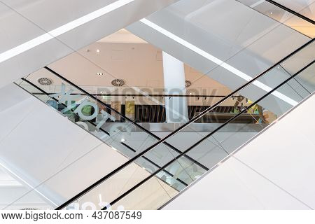 Moscow, Russia - August 24, 2021: Moving Staircase In Rassvet District Entertainment And Leisure Cen