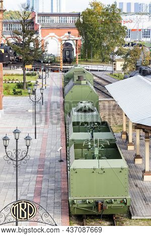 Moscow, Russia - September 29, 2021: Above View Of Armored Train In Museum Industrial Complex Steam 