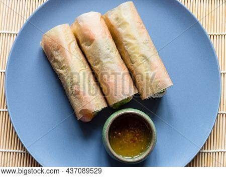 Top View Of Wrapped Nem Cuon, Vietnamese Fresh Spring Rolls On Gray Blue Plate