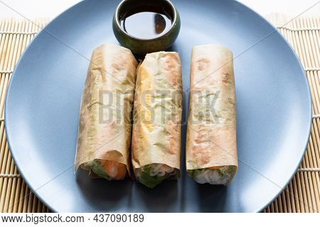Wrapped Nem Cuon, Vietnamese Fresh Spring Rolls Close Up On Gray Blue Plate