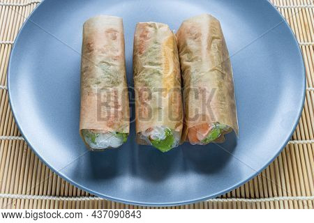 Wrapped Nem Cuon, Vietnamese Cold Rolls Close Up On Gray Blue Plate