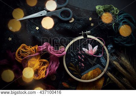 Dark Flat Lay With Embroidery. Craft, Handmade, Hobby