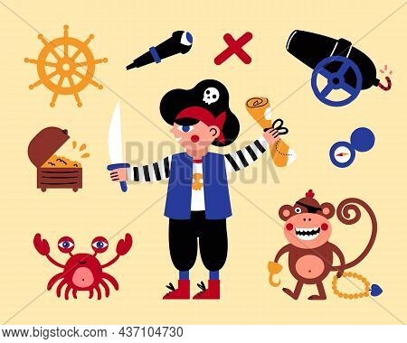 Vector Illustration Set Of Pirate Items. Pirate Boy With Map And Monkey. For A Childrens Book. Child