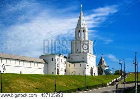 Kazan Kremlin In Summer, Tatarstan, Russia. It Is Top Landmark Of Kazan. Scenery Of White Wall And S
