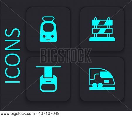 Set High-speed Train, Train And Railway, End Of Tracks And Cable Car Icon. Black Square Button. Vect