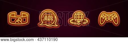 Set Line 360 Degree View, Augmented Reality Ar, 3d Modeling And Gamepad. Glowing Neon Icon. Vector