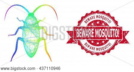 Rainbow Colorful Net Cockroach, And Beware Mosquito Exclamation Corroded Ribbon Seal Imitation. Red 