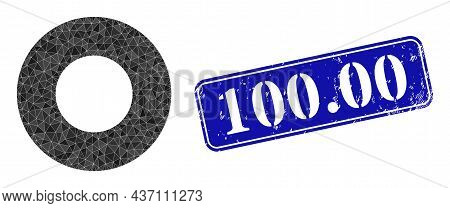Low-poly Donut Designed Of Scattered Filled Triangles, And Grunge 100.00 Stamp. Blue Rounded Framed 