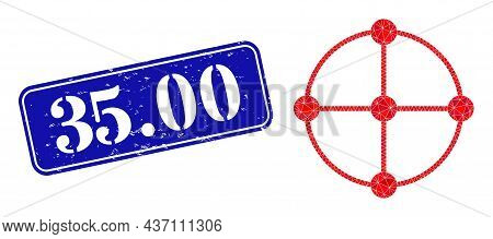 Low-poly Circle Grid Nodes Combined From Scattered Filled Triangles, And Grunge 35.00 Seal Stamp. Bl