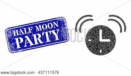 Low-poly Alarm Clock Combined With Chaotic Filled Triangles, And Grunge Half Moon Party Stamp. Blue 