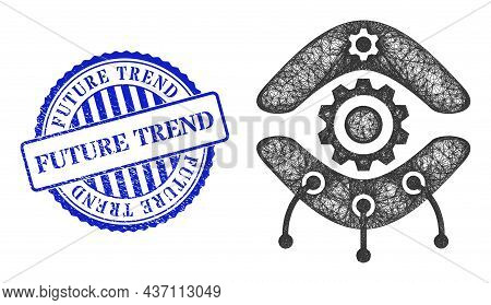 Vector Crossing Mesh Nanobot Frame, And Future Trend Blue Rosette Corroded Seal. Crossed Frame Net I