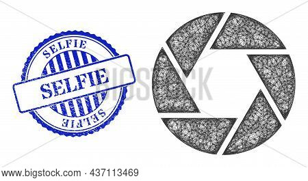 Vector Net Shutter Frame, And Selfie Blue Rosette Scratched Stamp. Crossed Frame Net Illustration Cr
