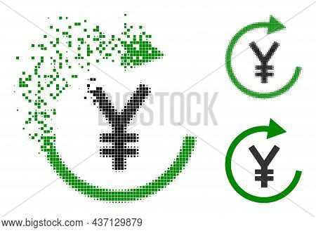 Broken Pixelated Japanese Yen Repay Icon With Halftone Version. Vector Destruction Effect For Japane