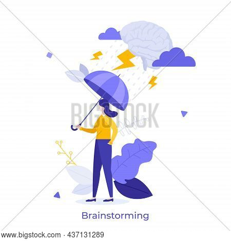 Woman With Umbrella Under Rain And Lightning Coming From Brain Cloud. Concept Of Brainstorm, Critica