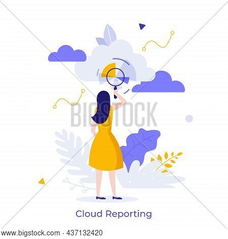 Woman Looking At Chart Through Magnifying Glass. Concept Of Cloud Reporting Software, Online Service
