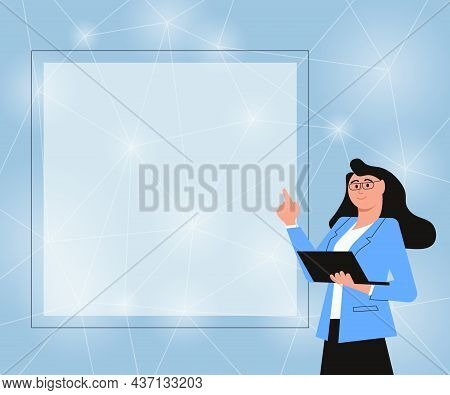 Illustration Of A Businesswoman Standing Holding Her Laptop Presenting New Amazing Ideas. Lady In Fo