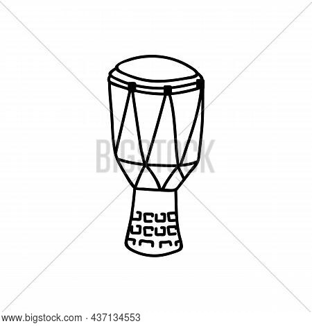 Single Hand Drawn Traditional African Drum. Doodles Vector Illustration. Isolated On A White Backgro