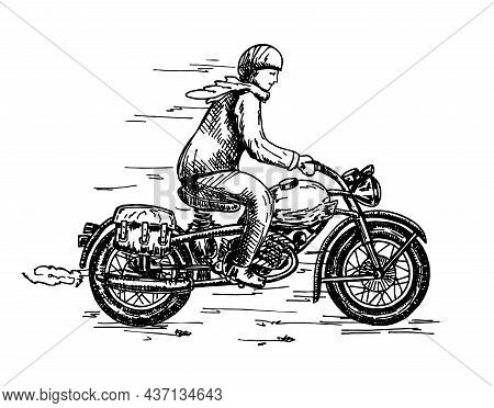 Motorcyclist Retro Sketch. A Vehicle Of The Early 20th Century. Biker Riding A Motorcycle, Vintage S