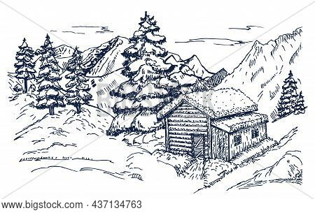 Winter. House In A Snowy Forest. Snow. Nature In The Mountains Sketch, Winter Landscape And Winter H