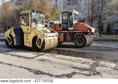 Two Heavy Duty Vibratory Road Rollers For Asphalt Concrete Works And Road Repairs. Heavy Machinery W